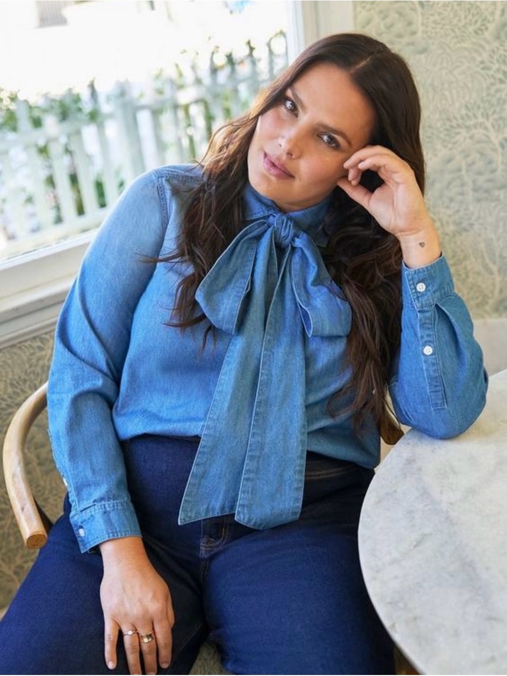 NWT Torrid Belle Isle Bow Button-Up Denim Long Sleeve Top, 00, 10, M/L